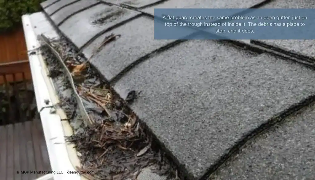 Clogged gutter with debris and leaves, showing need for leaf guard protection.