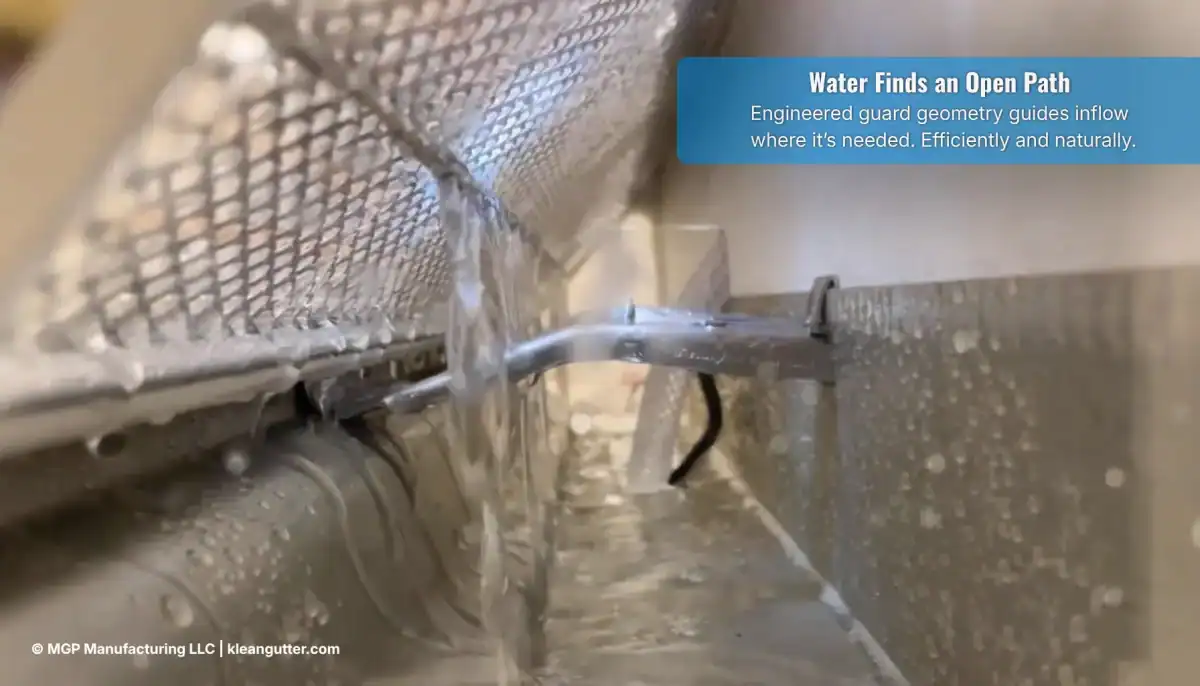 Water flows through a Klean Gutter Leaf Guard system for efficient drainage.
