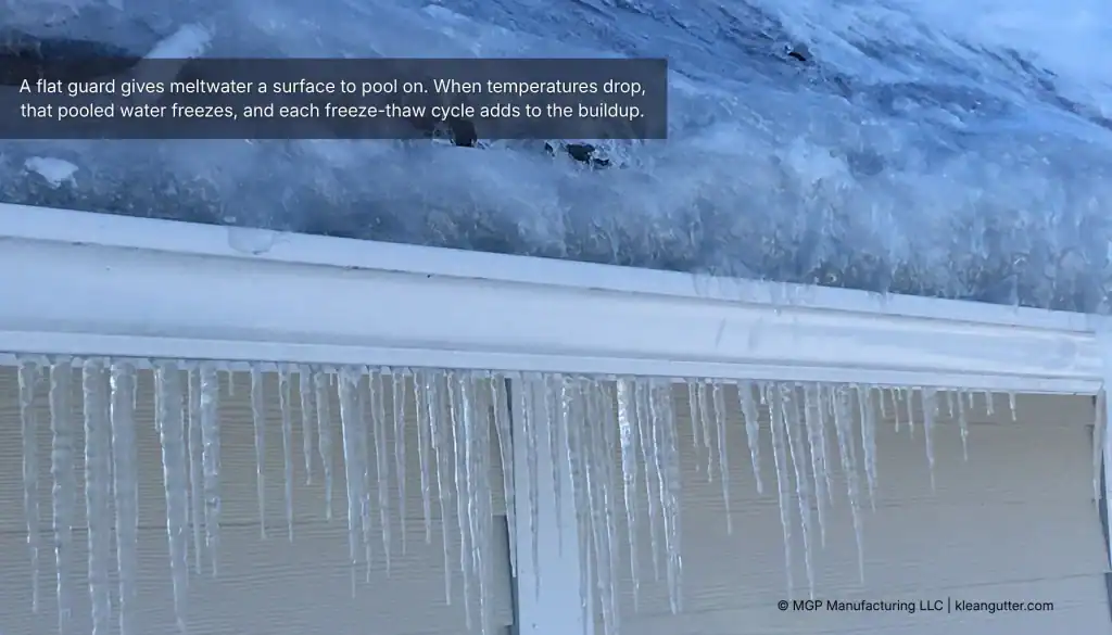 Ice forming on Klean Gutter Leaf Guard during winter.