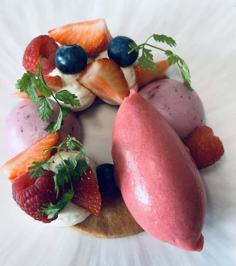 Frugt og isdessert med bær og mynte på Knudhule Badehotel.