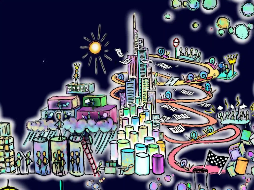 Illustration zur komplexen Top-Down-Führung: Silos, Datenberge, Schnecken auf einer Spiralstraße, isolierte Gruppen und ziellose Zielmarken – ein Sinnbild für langsame Prozesse, Kontrollverlust und das Fehlen echter Verbindung in Organisationen.