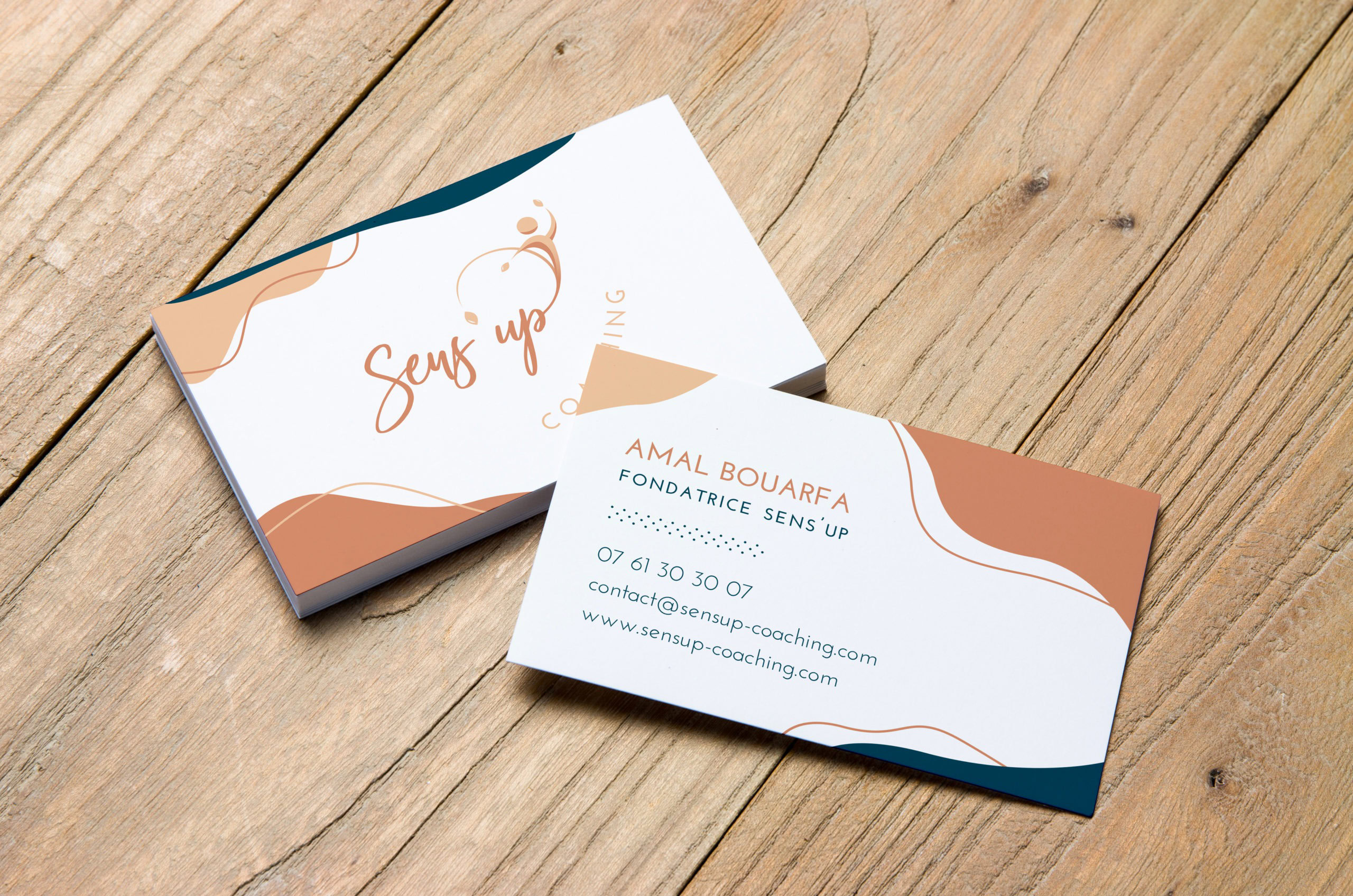 Cartes de visite Sens'up Coaching, identité visuelle créée par L'Apostrophe Communication