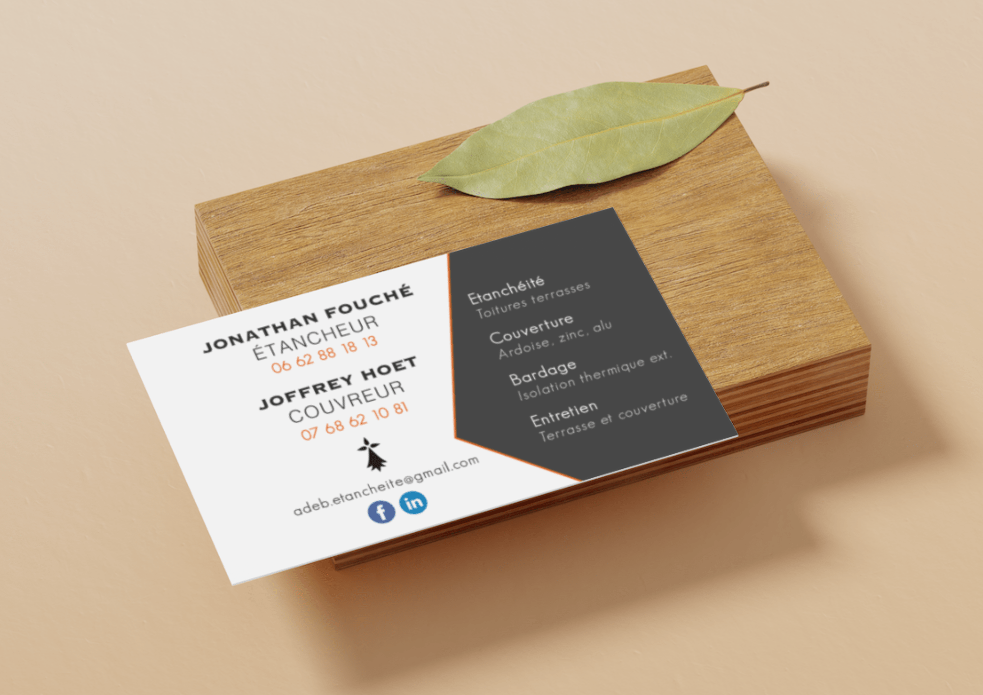Maquette des cartes de visite créées pour ADEB, entreprise d'étanchéité et de couverture