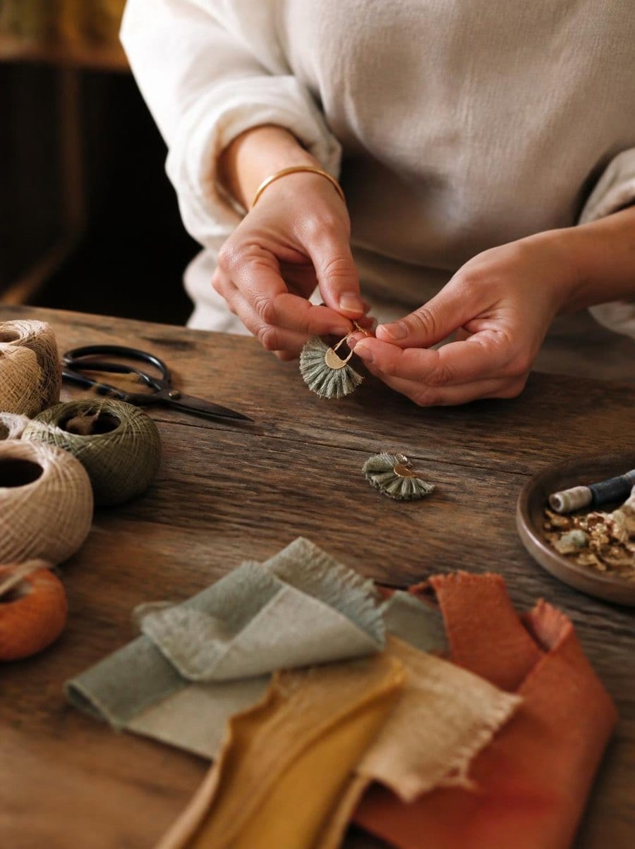 Mains d'une artisane créatrice qui fabrique un bijou textile dans son atelier, entourée de fils et de tissus teints