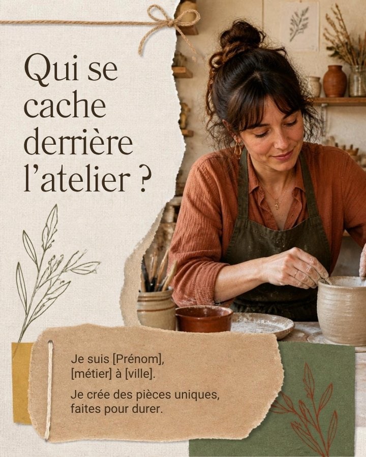 Template Canva Instagram pour créatrice : publication Qui se cache derrière l'atelier
