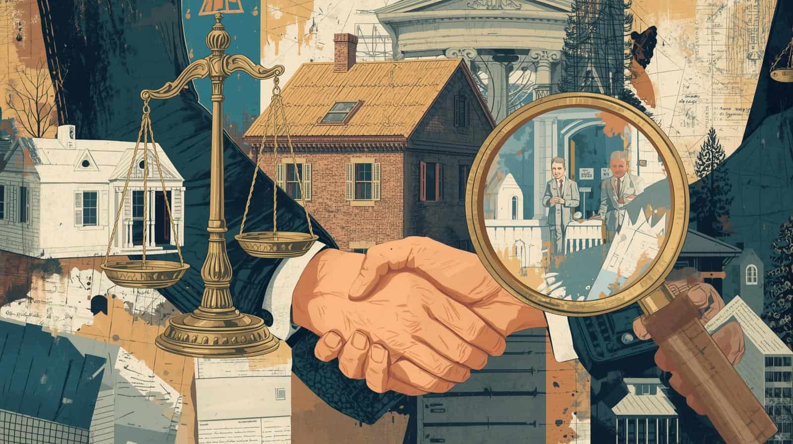 Handshake between client and real estate attorney with scales of justice and houses in the background, symbolizing legal guidance on when to hire a real estate attorney.