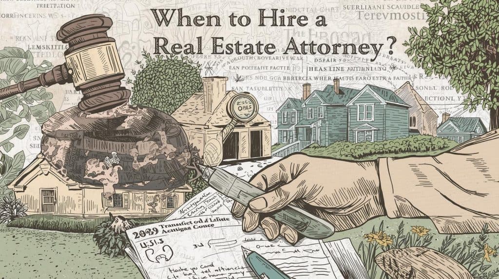When to Hire a Real Estate Attorney" illustration showing legal documents, handshake, magnifying glass, and houses symbolizing property transactions and legal advice.