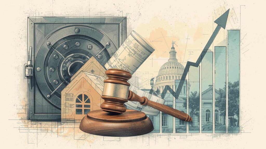 Real estate law firms protecting property investments with legal expertise, symbolized by a gavel, house model, secure vault, and government building.