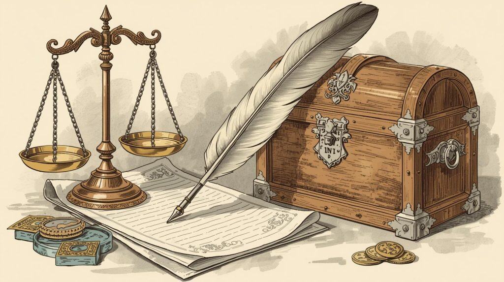 Estate Attorney and Trust Creation Estate attorney and trust creation – a symbolic illustration featuring balanced scales of justice, legal documents, a quill pen, and a wooden chest representing inheritance and estate planning.