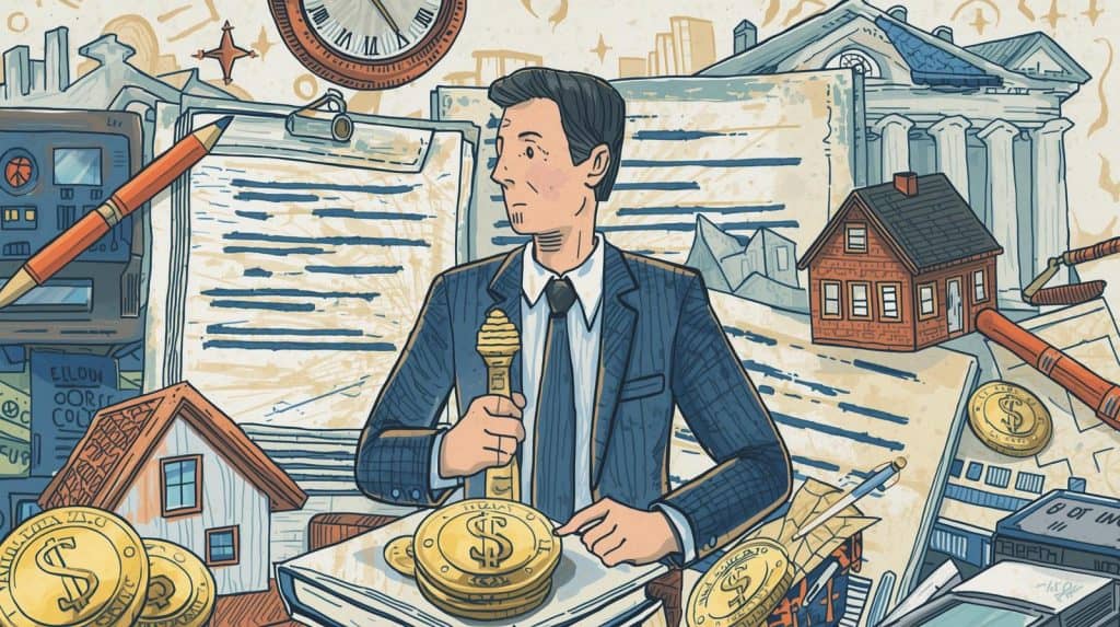 Factors Influencing Real Estate Attorney Cost Illustration of a real estate attorney surrounded by legal documents, coins, and house models, symbolizing real estate attorney cost and property law expenses.