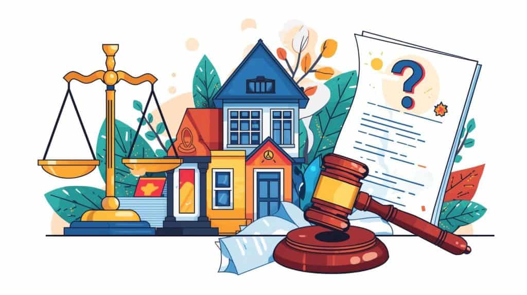 Illustration showing a scale of justice, a house, and legal documents — symbolizing when to hire a real estate attorney for property and legal matters.