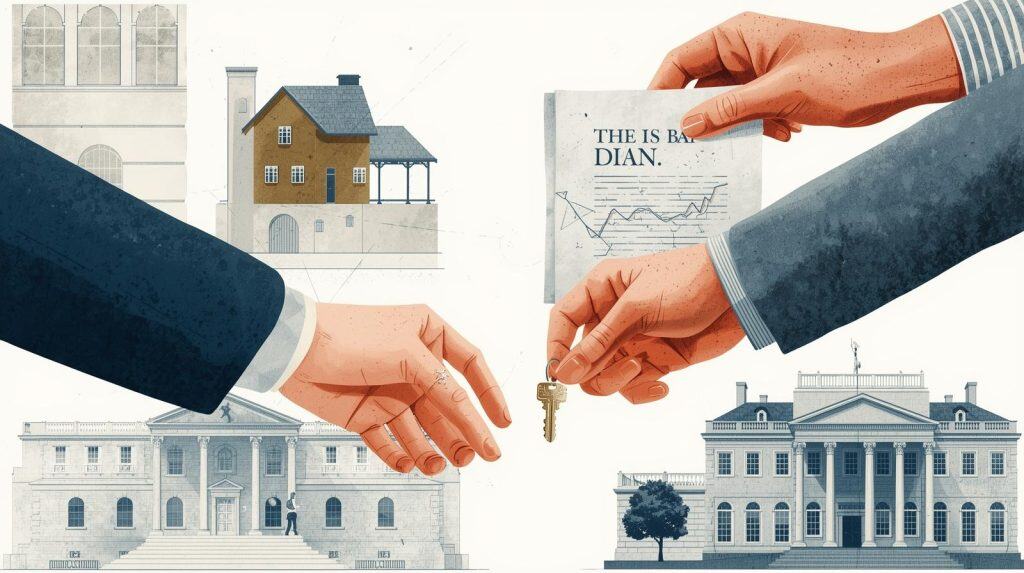Guiding Clients Through the Process of Property Transfer Illustration showing an estate lawyer facilitating property transfer—hands exchanging a key, legal documents, and buildings in the background—symbolizing the duties and responsibilities of estate lawyers.