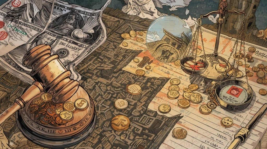 How an Attorney Can Help in Bankruptcy Cases Attorney for mortgage problems – an artistic depiction showing a gavel, scales of justice, dollar bills, and coins spread across legal documents, symbolizing financial and legal challenges related to mortgage issues.