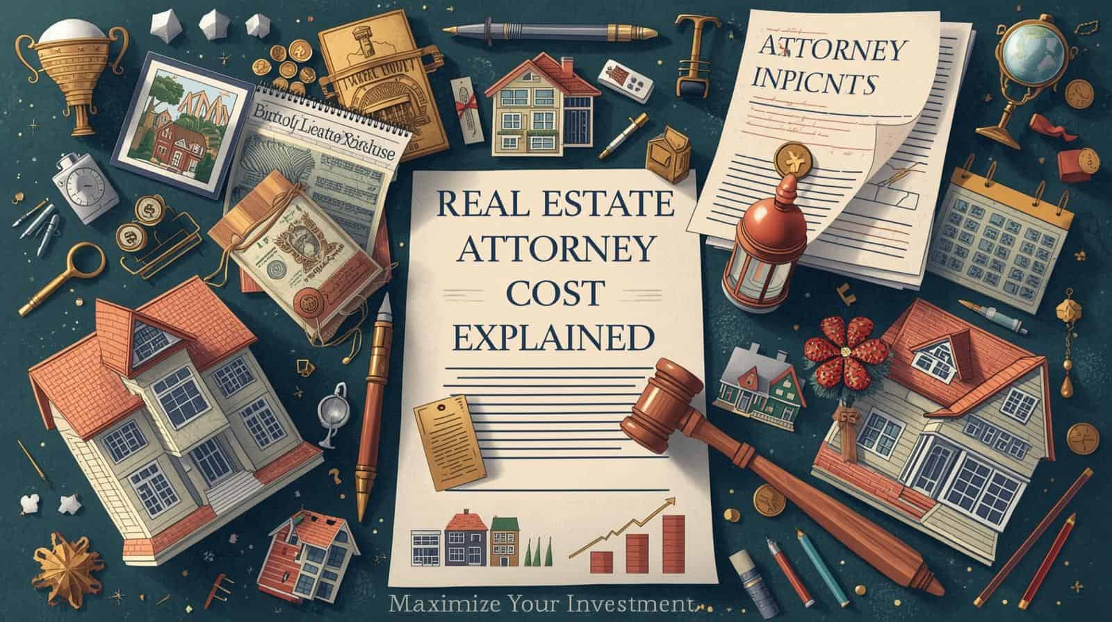 Real estate attorney cost explained with legal documents, gavel, and miniature houses symbolizing property law and investment protection.