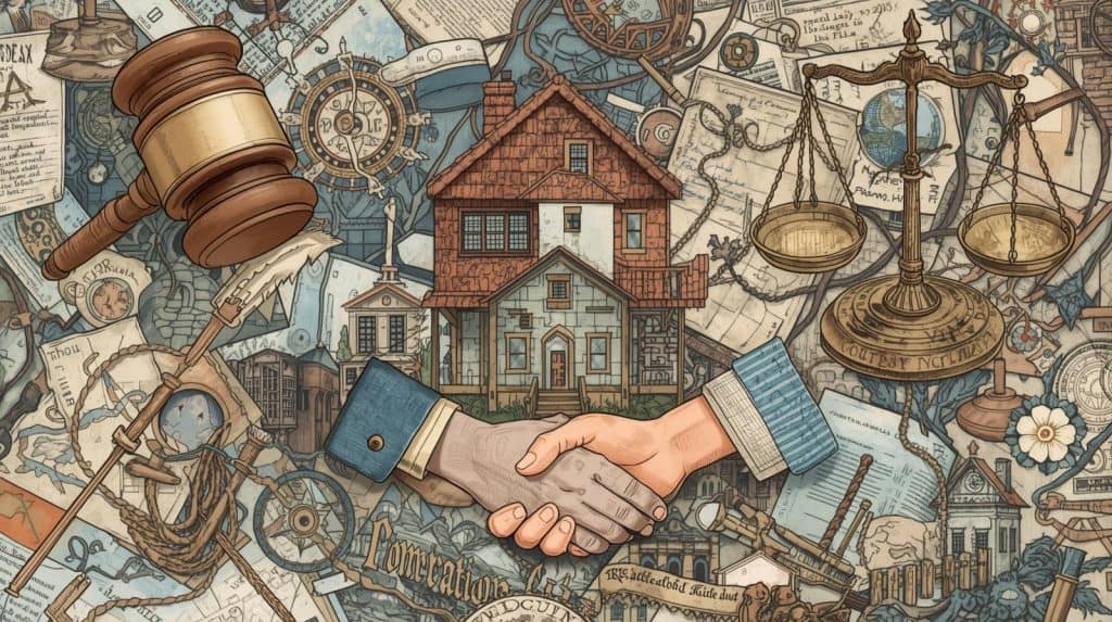 Remedies and Outcomes in Mortgage Disputes When to hire a real estate attorney" — an illustrated scene showing a house surrounded by legal symbols like a gavel, scales of justice, and a handshake, symbolizing professional legal guidance in real estate transactions.