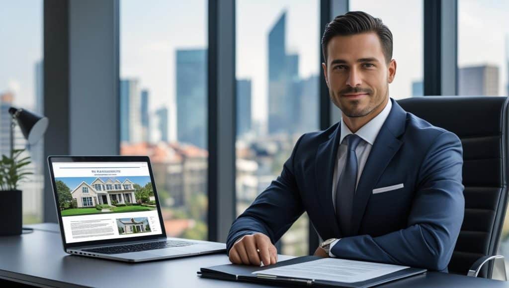 A professional real estate attorney sits at a desk with legal documents and a laptop showing a property listing, representing guidance on how much is a real estate attorney for closing.
