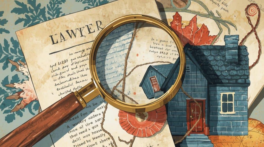 Why Seek a Mortgage Attorneys Expertise Attorney reviewing mortgage documents with magnifying glass beside a blue house — concept illustration for attorney for mortgage problems article.