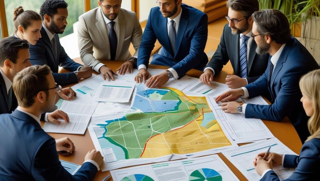Land Use and Local Controls Group of environmental lawyers in suits reviewing land use maps and legal documents, illustrating what do environmental lawyers do in advising on environmental regulations and land development.