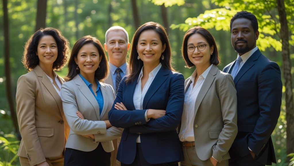 Tribal and Indigenous Rights Group of environmental lawyers in professional suits standing outdoors in a forest, representing what do environmental lawyers do to protect nature and enforce laws.
