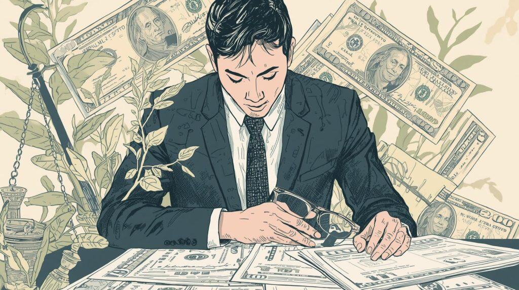 Average Environmental Lawyer Salary in the US Environmental lawyer reviewing legal and financial documents surrounded by plants and dollar bills, symbolizing income analysis and the average environmental lawyer salary in the US.