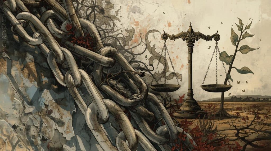 Challenges and Criticisms of International Environmental Law Illustration of heavy chains cracking a wall beside a tilted balance scale and a small growing plant in dry, cracked land, symbolizing the challenges and criticisms of international environmental law in balancing enforcement and environmental protection.