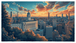 Illustrated city skyline at sunset with a domed courthouse and civic buildings in the foreground.