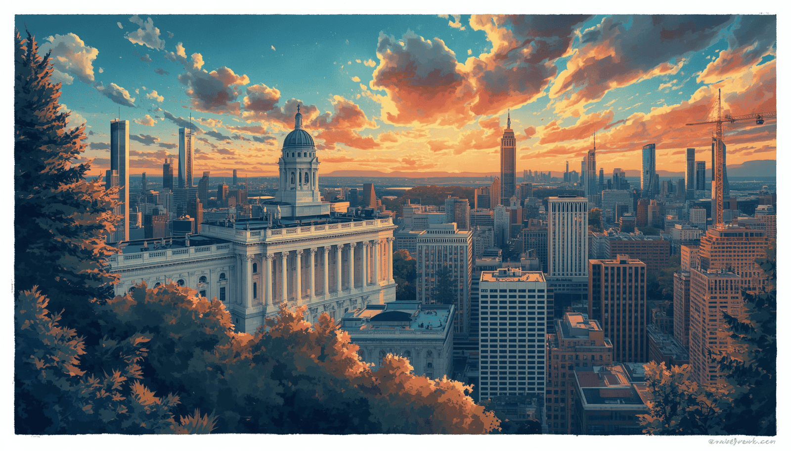 Illustrated city skyline at sunset with a domed courthouse and civic buildings in the foreground.
