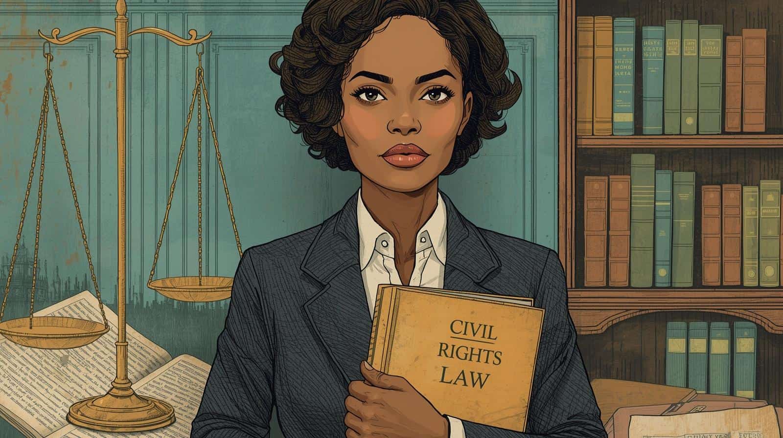 Woman holding a civil rights law book beside scales of justice and legal books, representing civil rights lawyers.