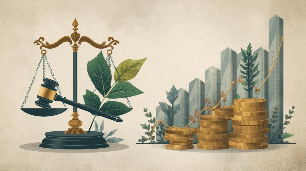 Environmental Lawyer Salary Variances by Practice Area Scales of justice with a gavel balanced against growing plants and stacked coins, symbolizing income growth trends and sustainability in the environmental lawyer salary field.