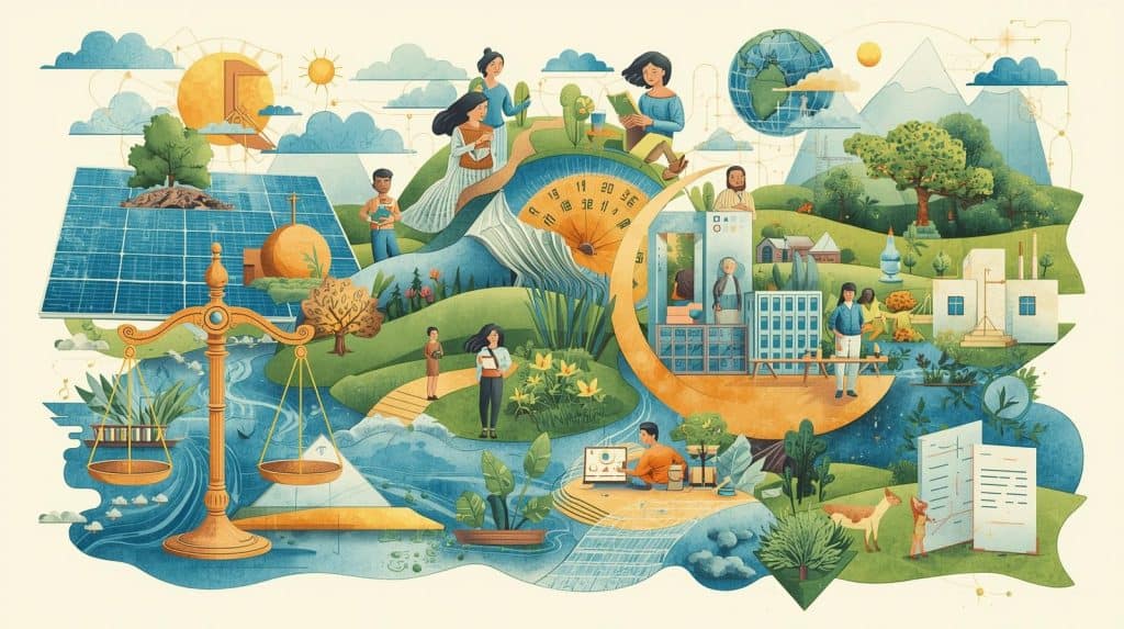 Future Trends for Environmental Lawyers Salary how much do environmental lawyers make — an illustration showing lawyers balancing justice and sustainability in a green, eco-friendly landscape with solar panels, nature, and legal symbols representing environmental law and its growing career opportunities.