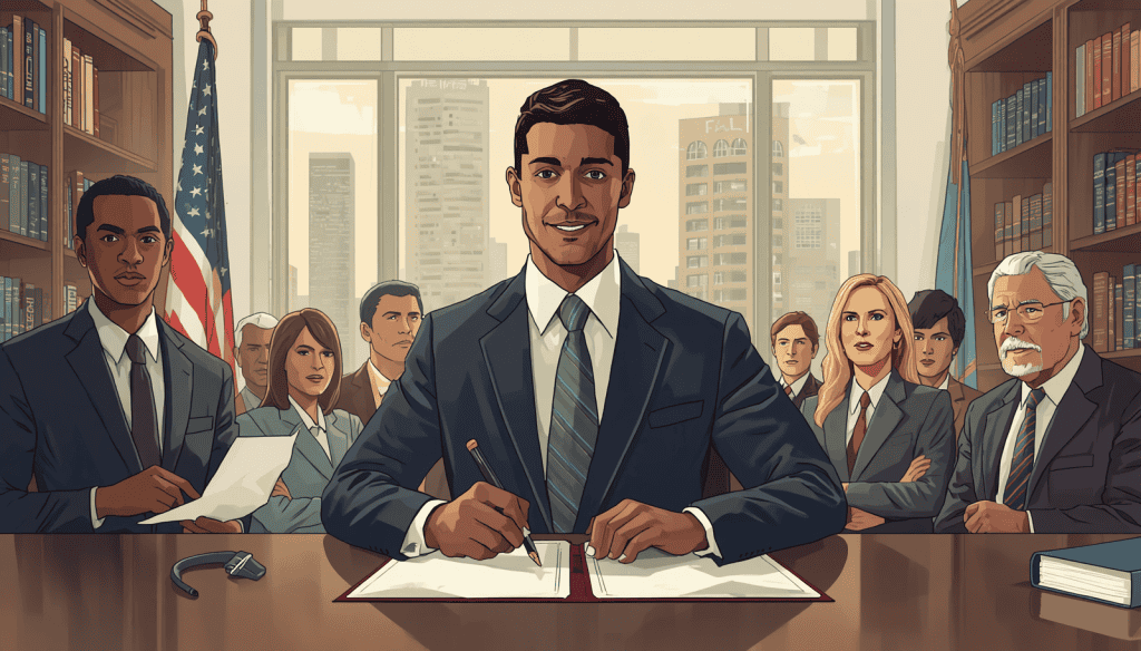 How a Civil Rights Lawyer Helps With a Case Illustration for what is a civil rights attorney, showing a lawyer signing documents in a law office.