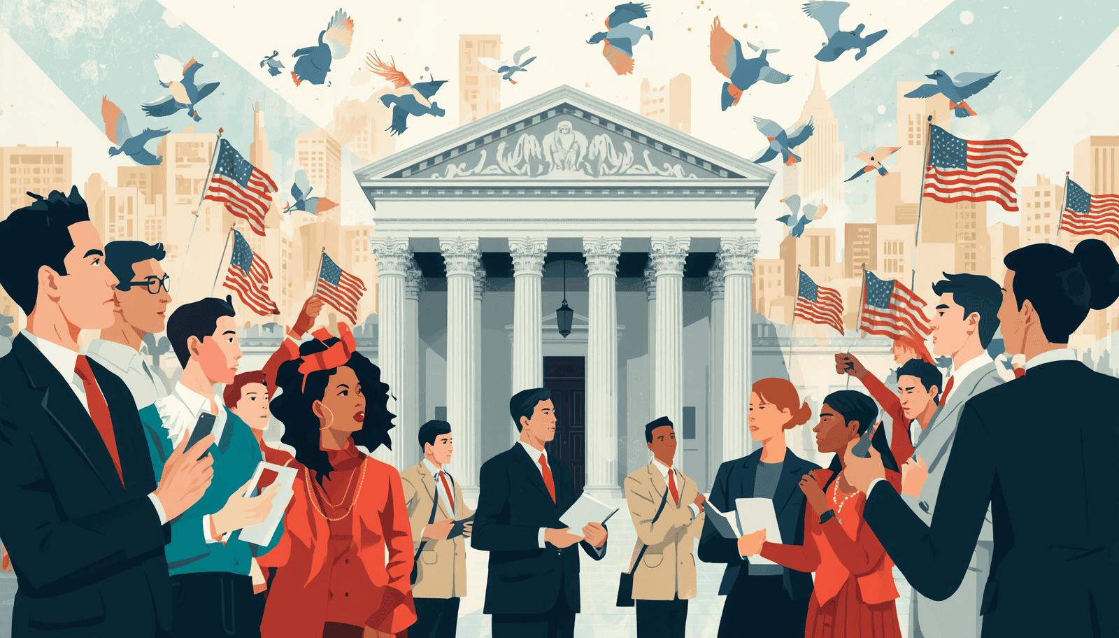 Illustration for how to become a civil rights lawyer, with people gathered outside a courthouse