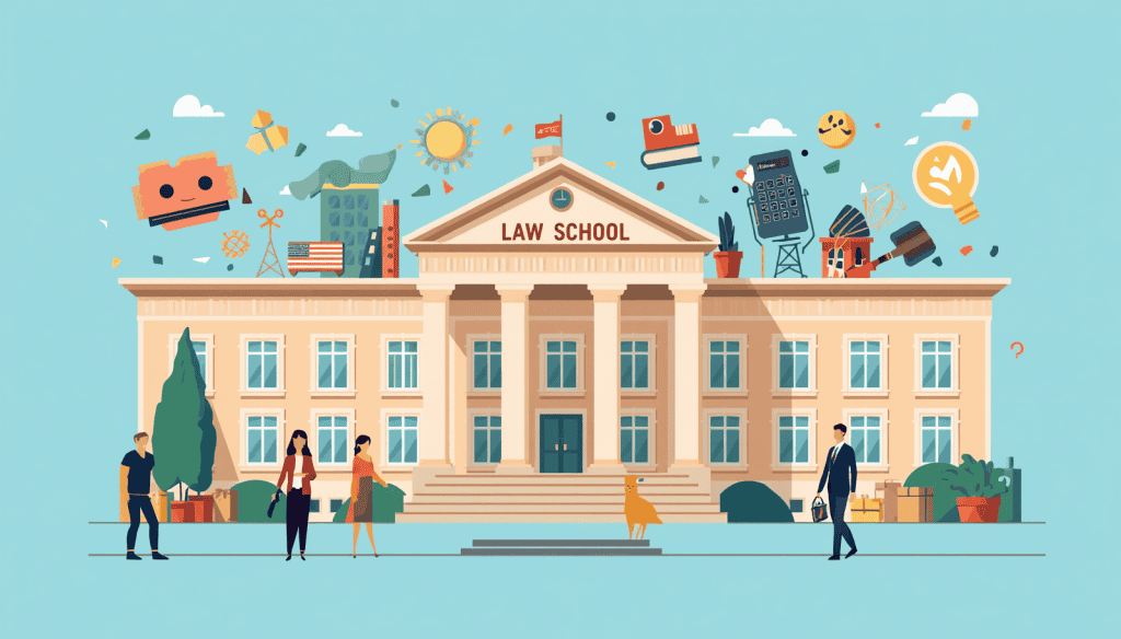 Law school building with students and academic icons floating overhead in a legal education illustration