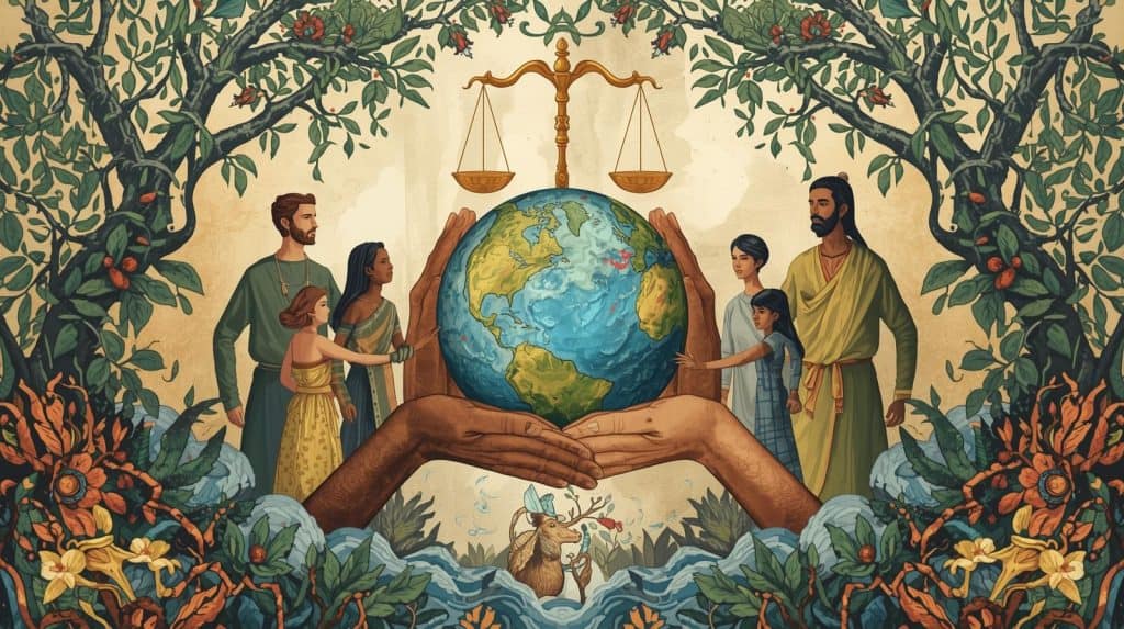 Human Rights and International Environmental Law Illustration of diverse families standing beside a globe held in protective hands under a balanced scale, symbolizing the connection between human rights and international environmental law in protecting people and the planet.