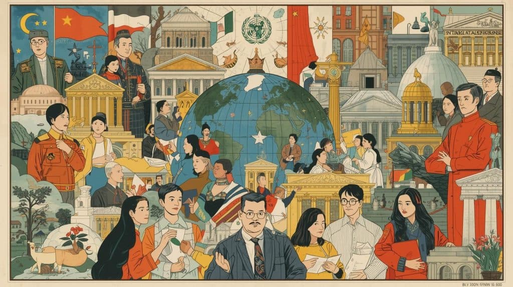Role of International Organizations and Institutions Illustration of global leaders, government buildings, and diverse communities surrounding a large globe, representing the role of international organizations and institutions in shaping and implementing international environmental law.