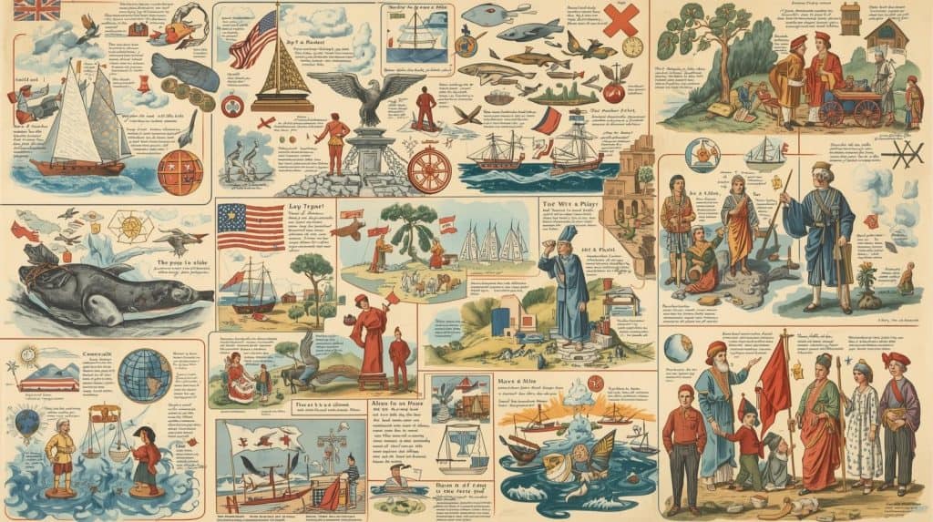 Sources of International Environmental Law Illustrated panels showing historical treaties, ships, national flags, environmental symbols, and early international agreements, representing the sources of international environmental law and how global environmental rules developed over time.