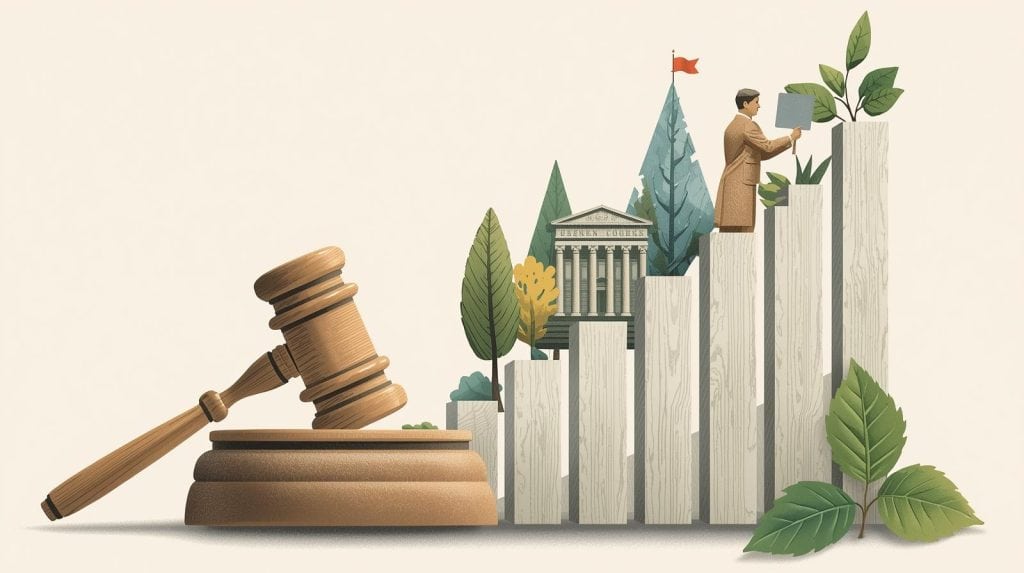 Strategies for Maximizing Environmental Lawyer Salary Gavel beside courthouse pillars and a man climbing a bar graph surrounded by trees, symbolizing career growth and strategies for maximizing environmental lawyer salary.