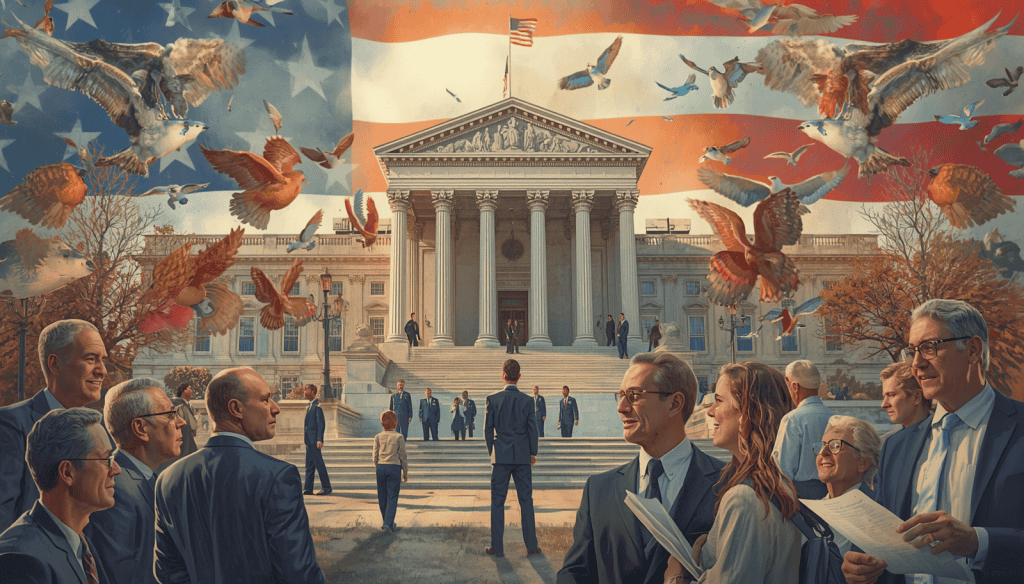 People in suits gather outside a columned courthouse beneath American flag imagery and flying birds
