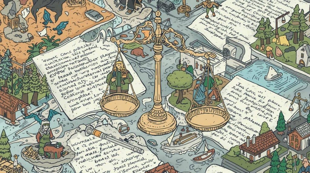 Types of Cases Handled by Environmental Lawyers 1 Scales of justice surrounded by environmental elements like forests, water, and industry, symbolizing what an environmental lawyer does and the cases they handle.
