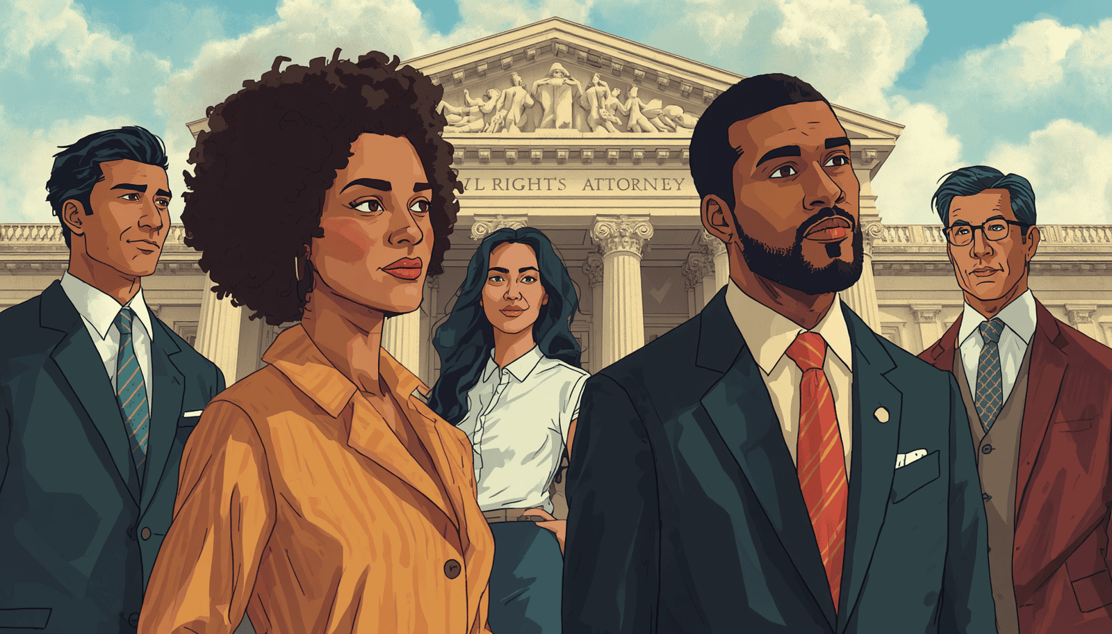 Illustration for what is a civil rights attorney, showing legal professionals outside a courthouse.