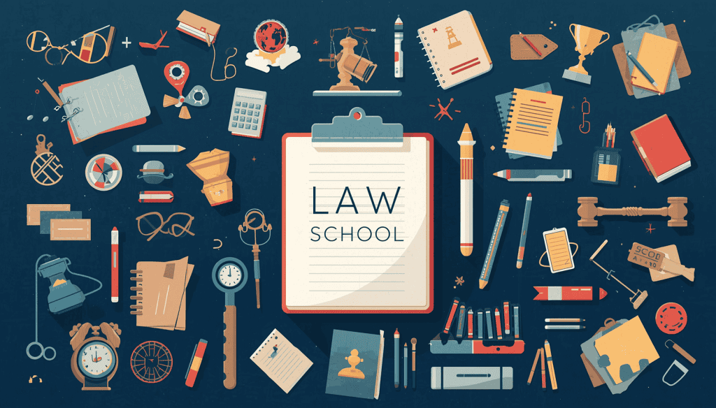 Law school study illustration for how to become a civil rights lawyer, with books and legal tools