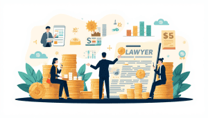 Civil rights attorneys salary concept with stacks of coins, charts, and a large lawyer profile.
