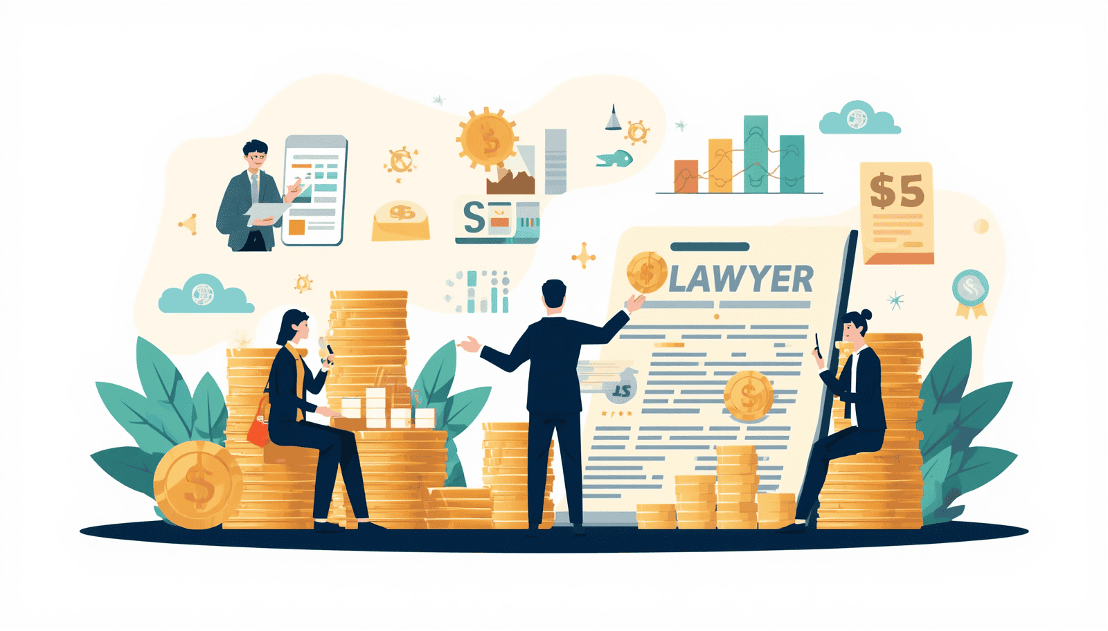 Civil rights attorneys salary concept with stacks of coins, charts, and a large lawyer profile.