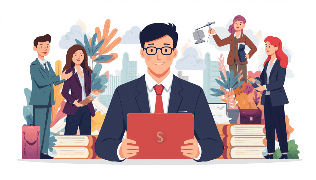 Civil Rights Lawyer Salary by Career Stage Civil rights lawyer salary graphic showing a suited lawyer holding a tablet, with colleagues and law books.