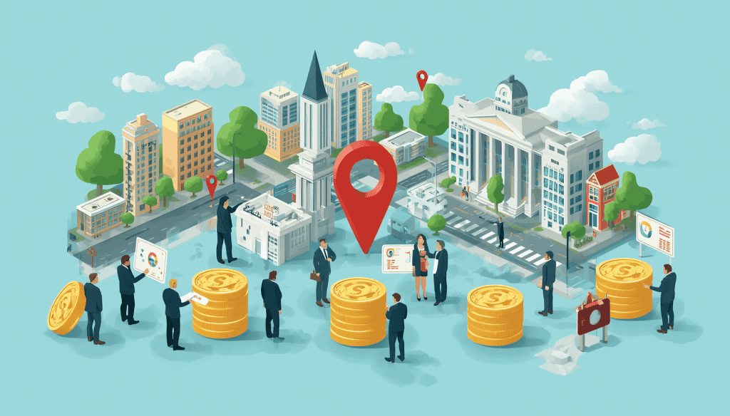 Civil Rights Lawyer Salary by Location Illustration of civil rights lawyer salary by location with map pins, coin stacks, and civic buildings.