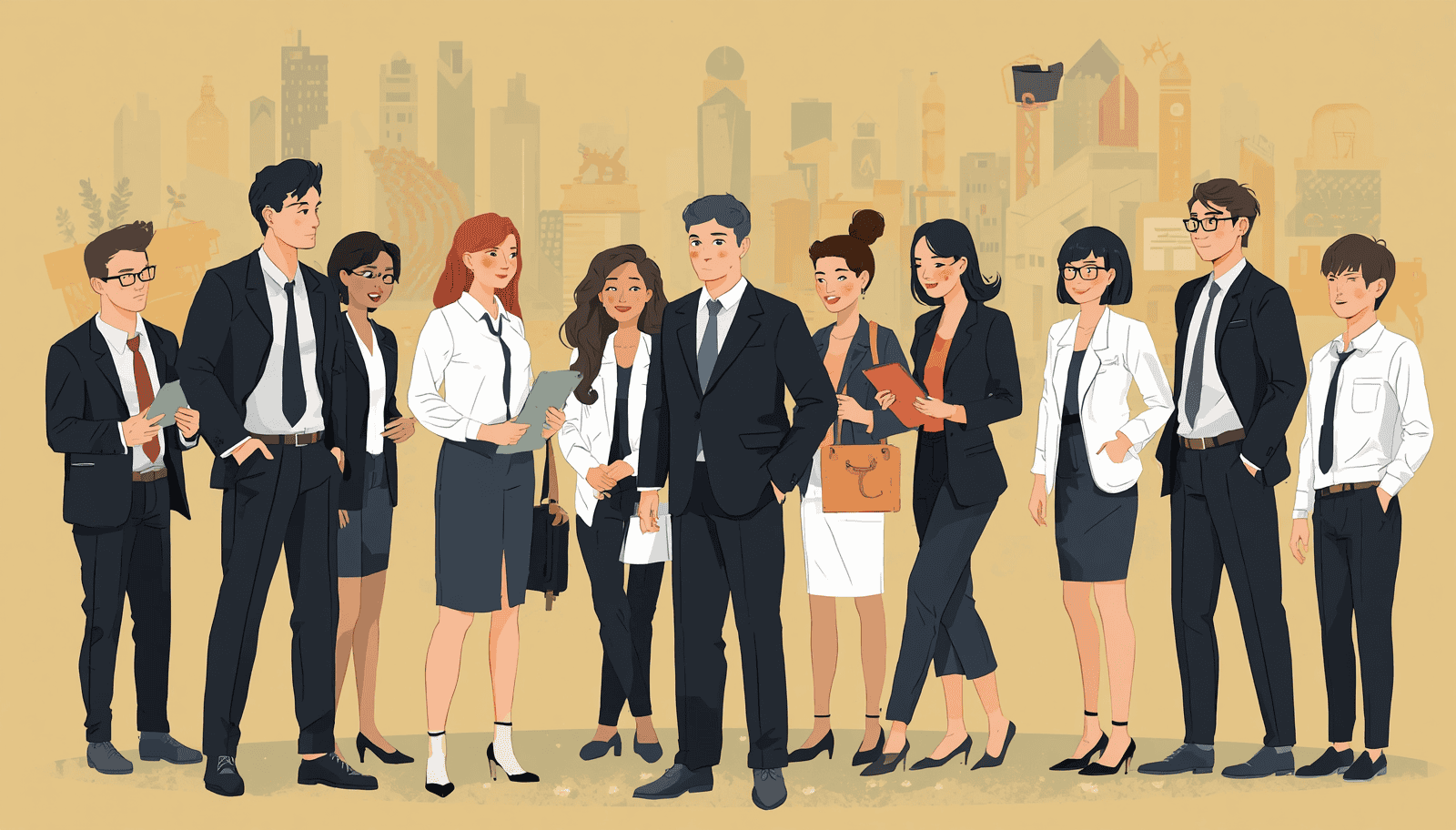 Group of lawyers for civil cases standing together in suits against a city skyline illustration.
