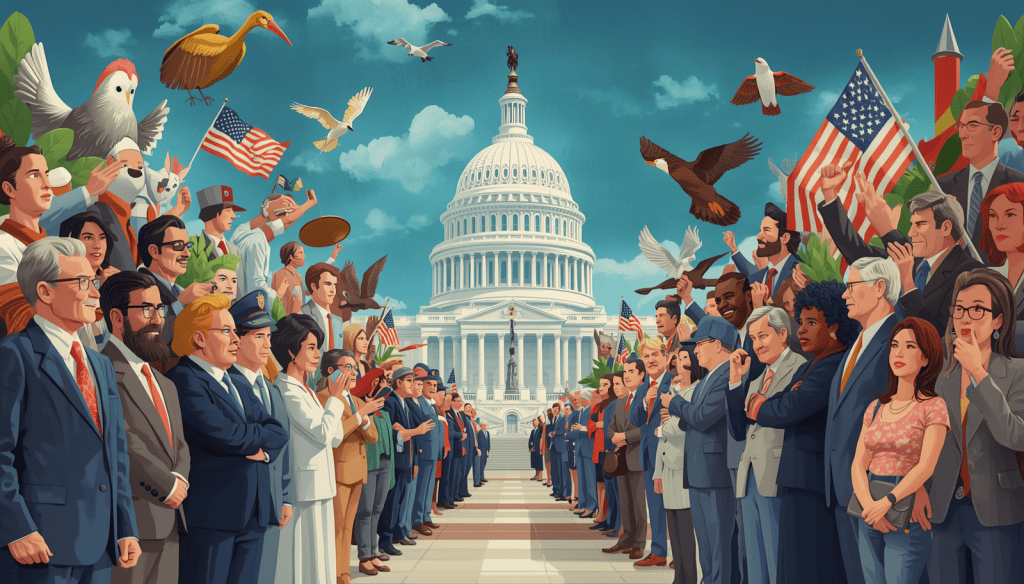 Civic gathering outside the U.S. Capitol with flags, officials, birds, and cheering crowds.