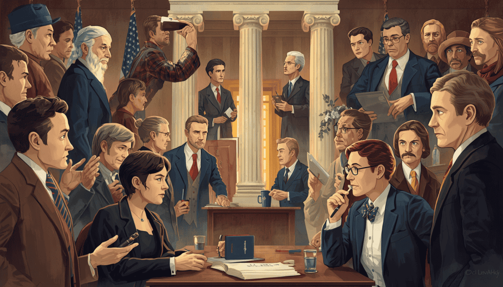 Courthouse meeting with legal professionals, documents, columns, and observers gathered around a table.