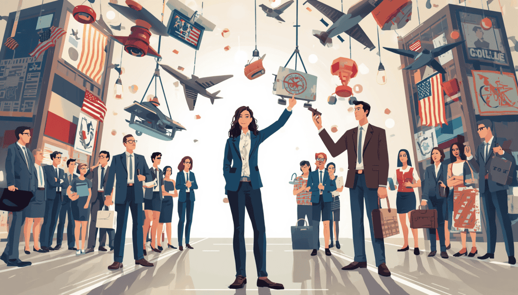 Illustration of the civil rights lawyer discussing case types with professionals in a public hall.