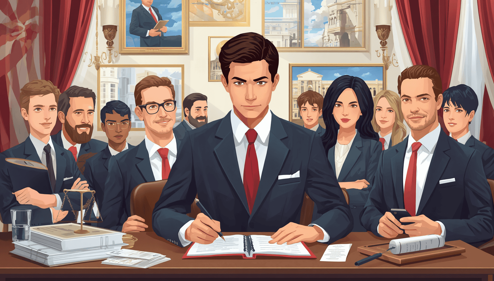 Illustration of the civil rights lawyer leading a team in an office with legal documents and justice scales.